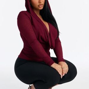 Aisha Cowl Neck Hooded Long Sleeve Top - Burgundy - M
